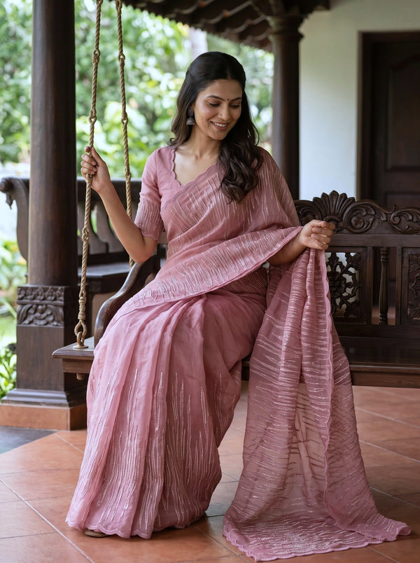 Organza Pink Saree with Abstract Line Embroidery
