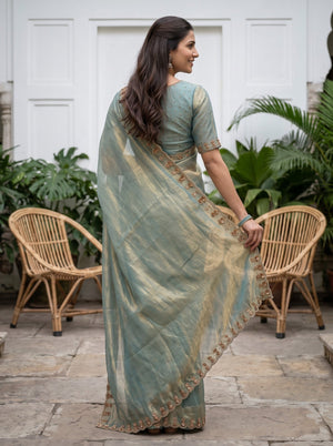 Chiffon Aqua Blue Plain Saree with Golden Beaded Border