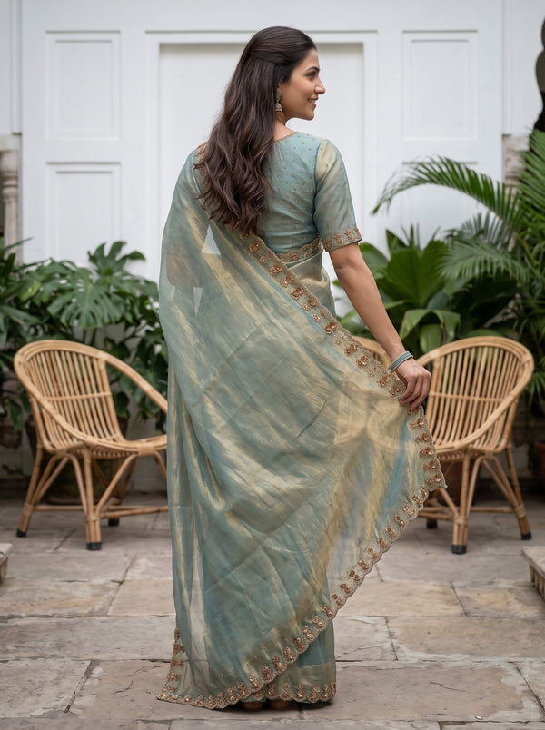 Chiffon Aqua Blue Plain Saree with Golden Beaded Border