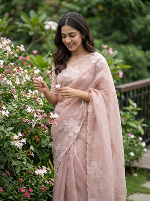 Tissue Silk Mauve Saree with Scattered Magnolia Flower Embroidery
