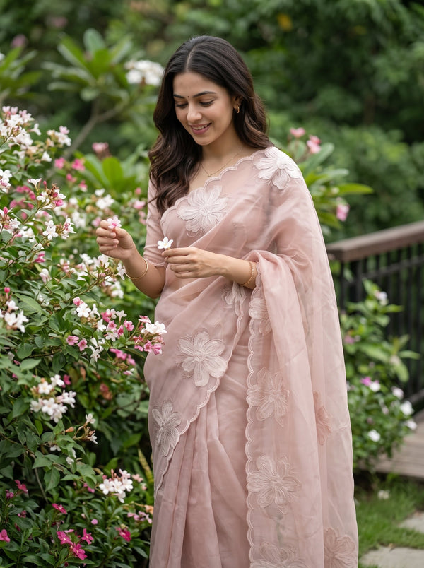 Tissue Silk Mauve Saree with Scattered Magnolia Flower Embroidery