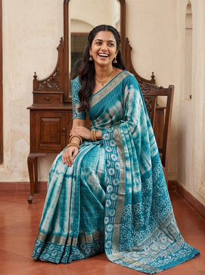 Chanderi Cotton Silk Teal White Shibori Batik Border Saree with Zari Trim