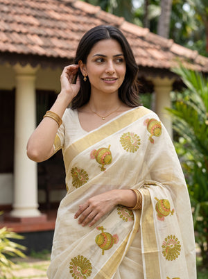 Tissue Cream Kerala Saree with Peacock and Pot Print Pallu, Golden Zari Border