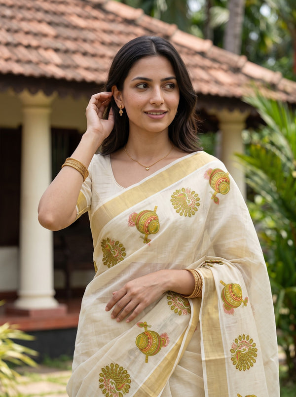 Tissue Cream Kerala Saree with Peacock and Pot Print Pallu, Golden Zari Border