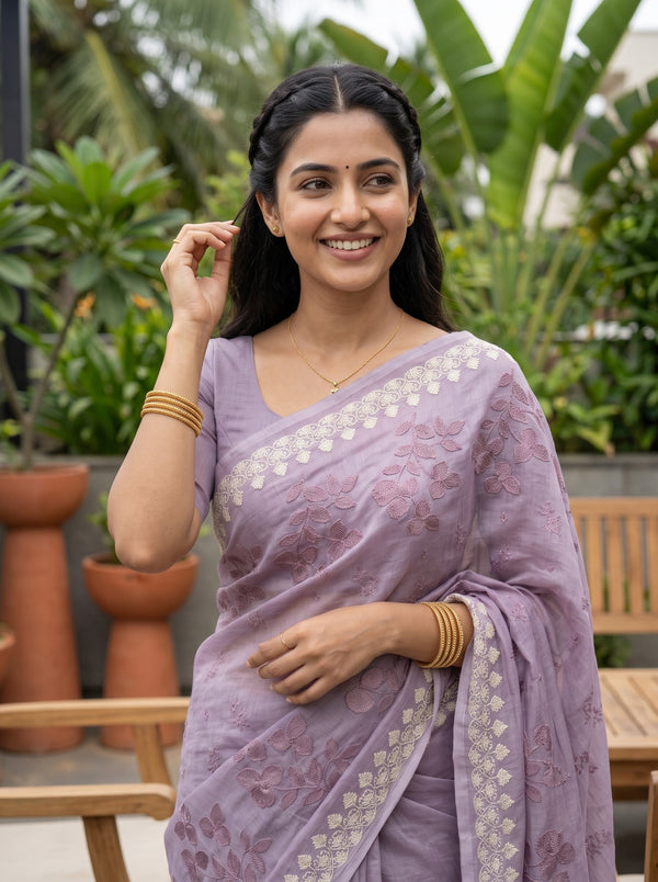 Pure Chanderi Lilac Saree with Embroidered Floral Lace Border