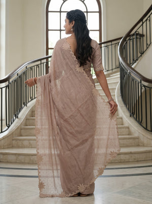 Organza Dusty Rose Saree with Floral Applique Scalloped Border and Sequin Work