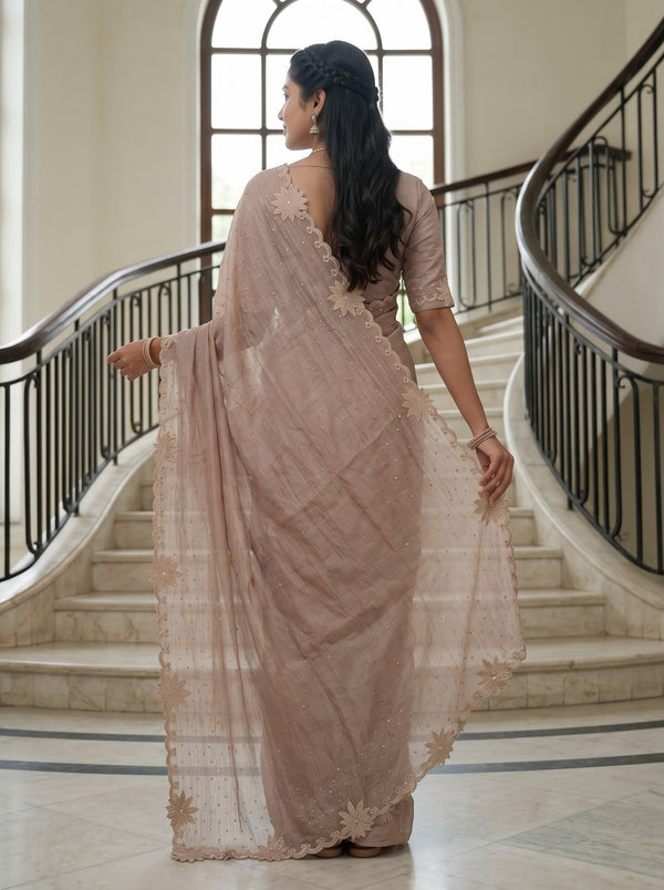 Organza Dusty Rose Saree with Floral Applique Scalloped Border and Sequin Work