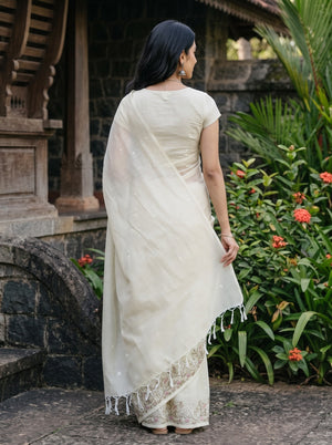 Mul Chanderi Pale Green White Striped Animal Swan Lotus Embroidered Border Tassels Saree