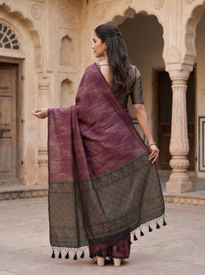 Semi Tussar Silk Maroon Black Floral Diamond Trellis Pallu Saree
