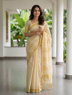 Tissue Cream Golden Windowpane Check Kerala Saree with Tassel Pallu