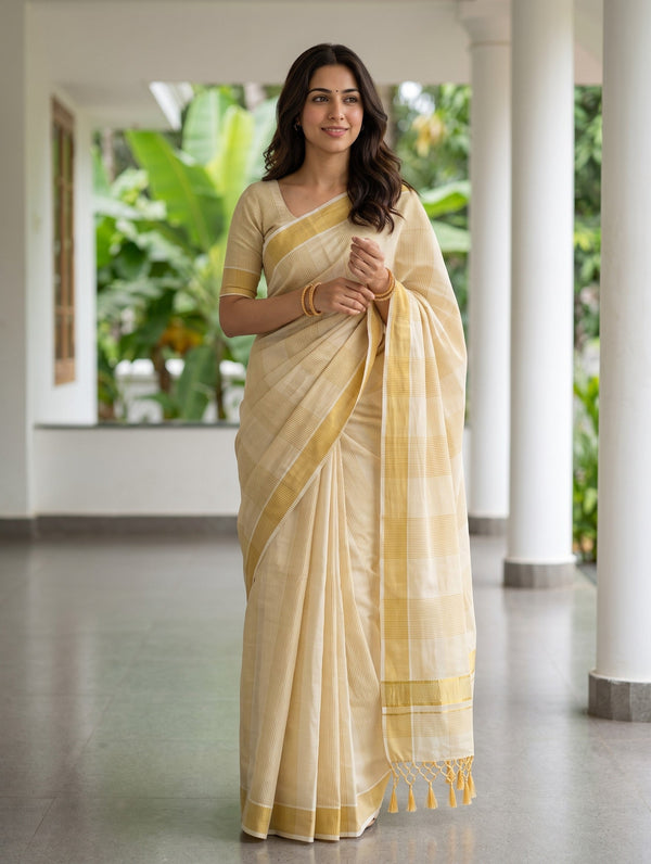 Tissue Cream Golden Windowpane Check Kerala Saree with Tassel Pallu