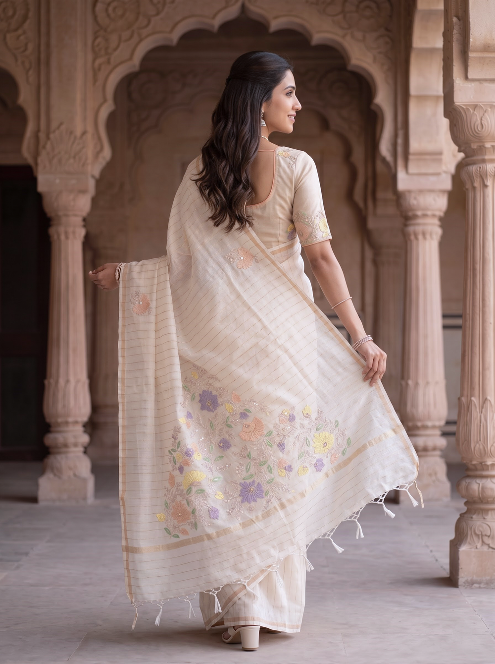 Pure Chanderi Off-White Saree with Embroidered Floral Pallu