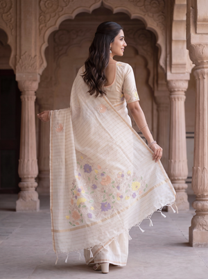 Pure Chanderi Off-White Saree with Embroidered Floral Pallu