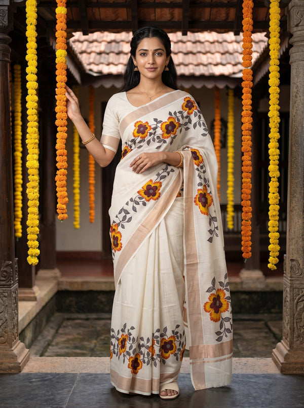 Cotton White MariGolde Orange Floral Print Rose Golden Border Onam Special Kerala Saree