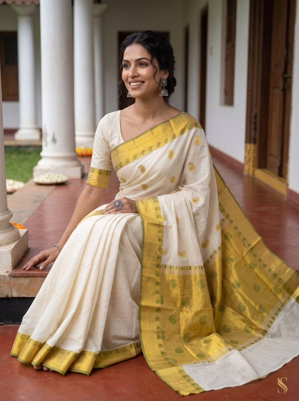 Cotton Cream Off-White Gold Green Paisley Booti Onam Kerala Saree