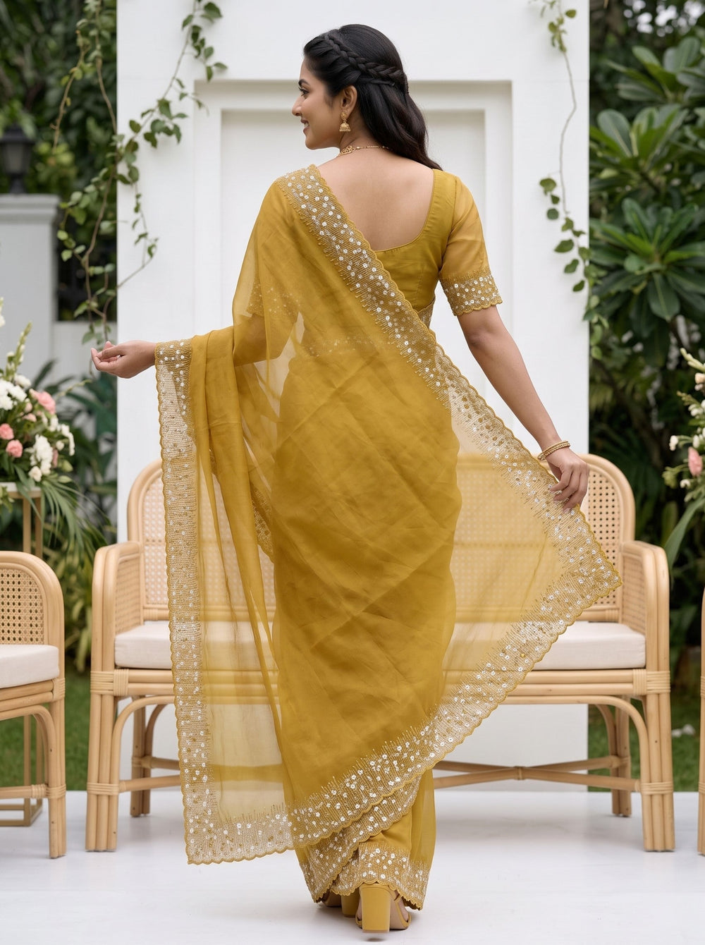Organza Mustard Yellow White Floral Star Embroidered Sequin Lace Border Scalloped Edge Saree