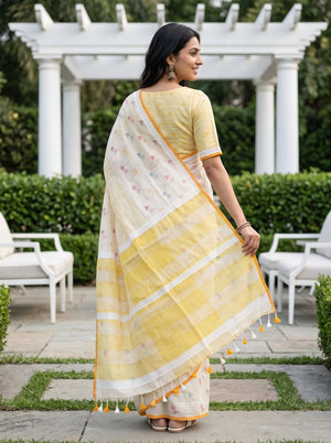 Linen Cream Yellow Ombre Multicolor Weave Lace Trim Saree
