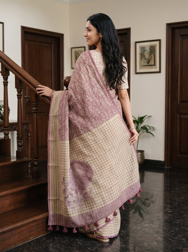 Net Kota Mauve-Beige Floral Vine Block Print Saree