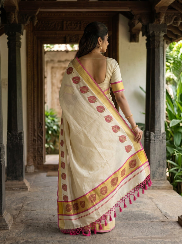 Tissue Cream Kerala Saree with Leaf Motif Print Pallu, Golden Zari and Pink Border