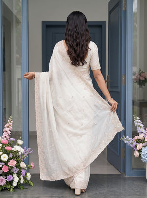 Organza Off White Blush Pink Floral Butta Sequin Embroidered Border Saree