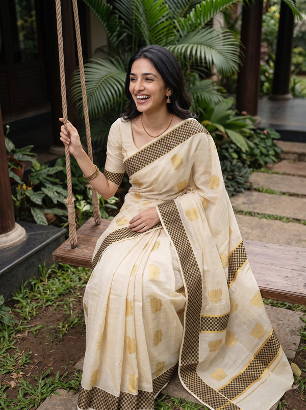Tissue Cream Golden Zari Lotus Motif Black Golden Checkered Border Kerala Saree