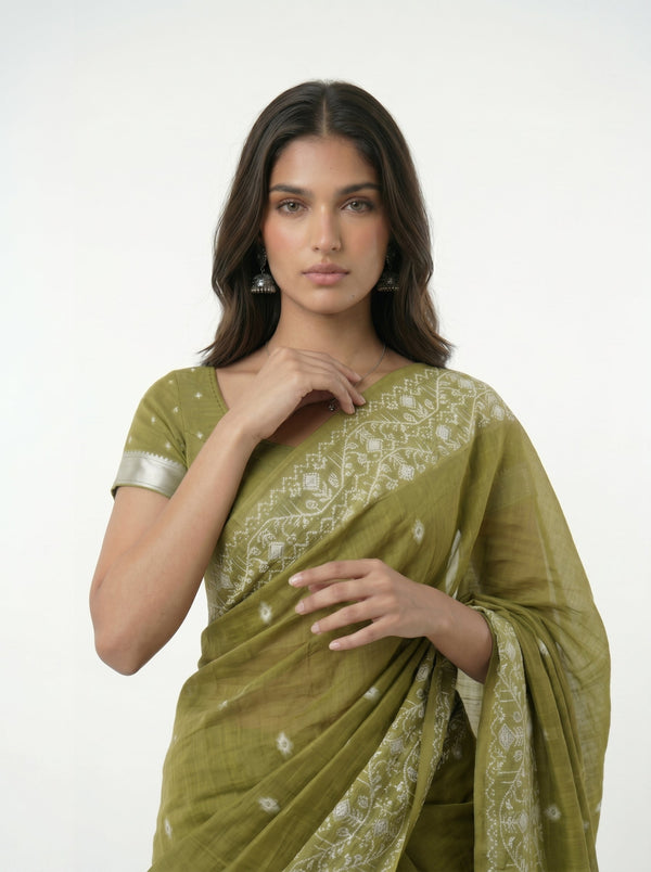 Chanderi Cotton Moss Green Traditional Motif Saree