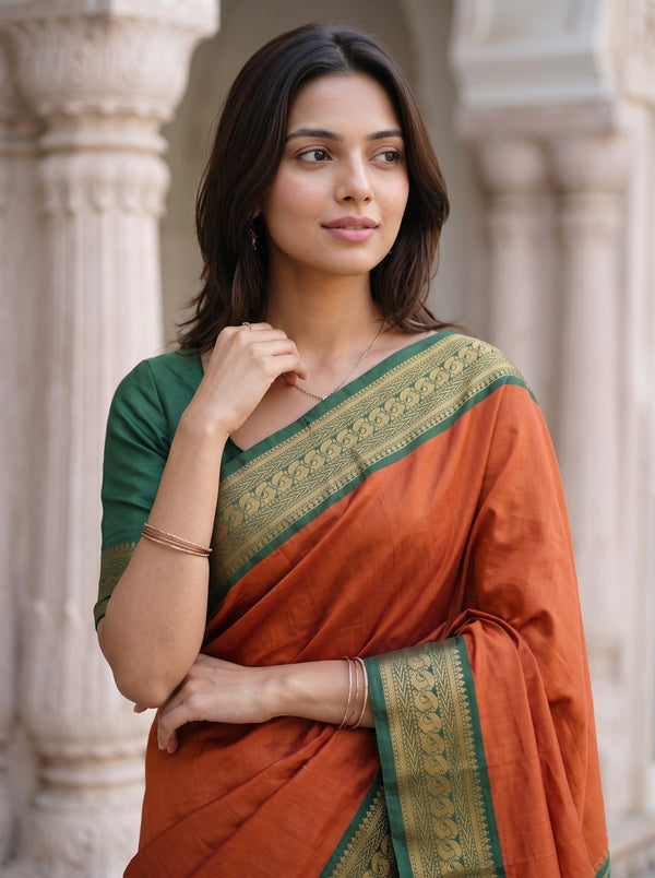 Semi Silk Orange Golden Pinstripe Saree with Green Zari Border