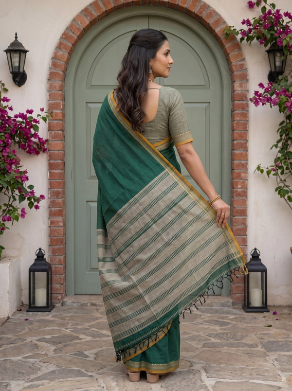 Cotton Bottle Green Grey Striped Mustard Border Saree