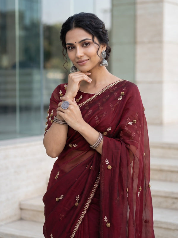 Chiffon Maroon Golden Bead Floral Spray Saree