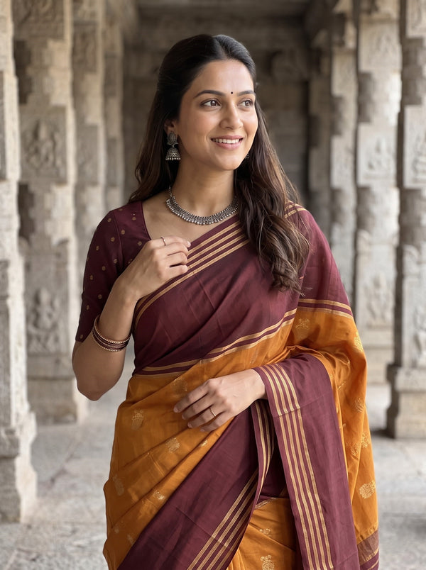 Semi Silk Maroon Saree with Golden Elephant Motif Orange Pallu