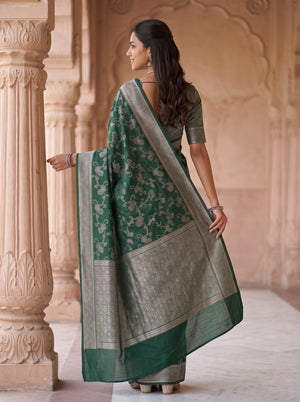Semi Silk Bottle Green Saree with Zari Floral Vine Design