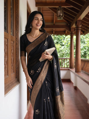 Cotton Silk Black Golden Zari Brocade Diamond Saree