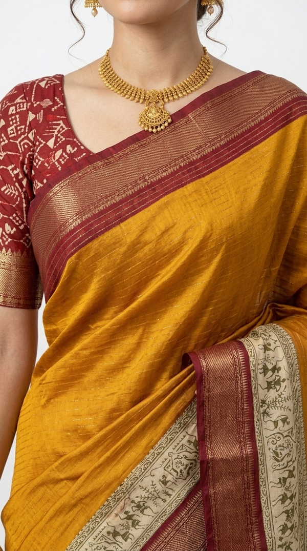 Cotton Ochre Yellow Traditional Border Saree