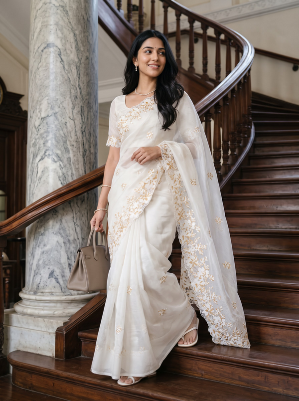 Organza Cream Mustard Golden Floral Embroidery Scalloped Lace Border