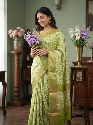 Soft Cotton Olive Green Batik Floral Print Saree with Zari Border