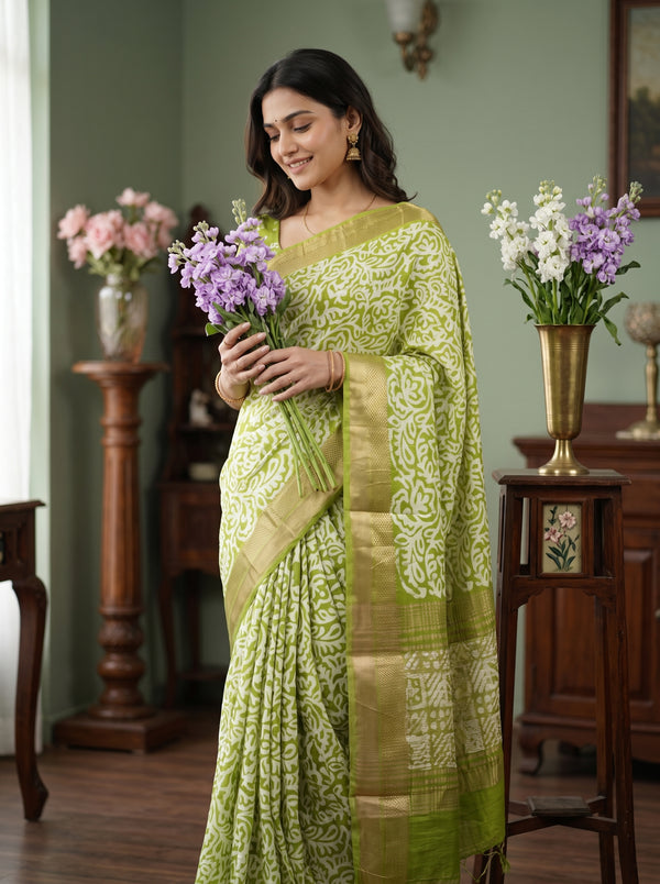 Soft Cotton Olive Green Batik Floral Print Saree with Zari Border