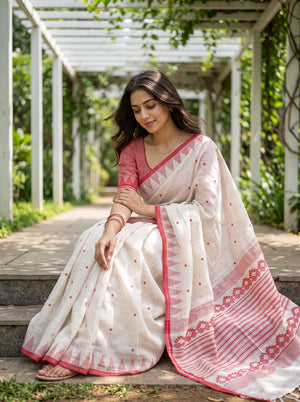 Linen White Red Diamond Dot Zigzag Geometric Border Saree