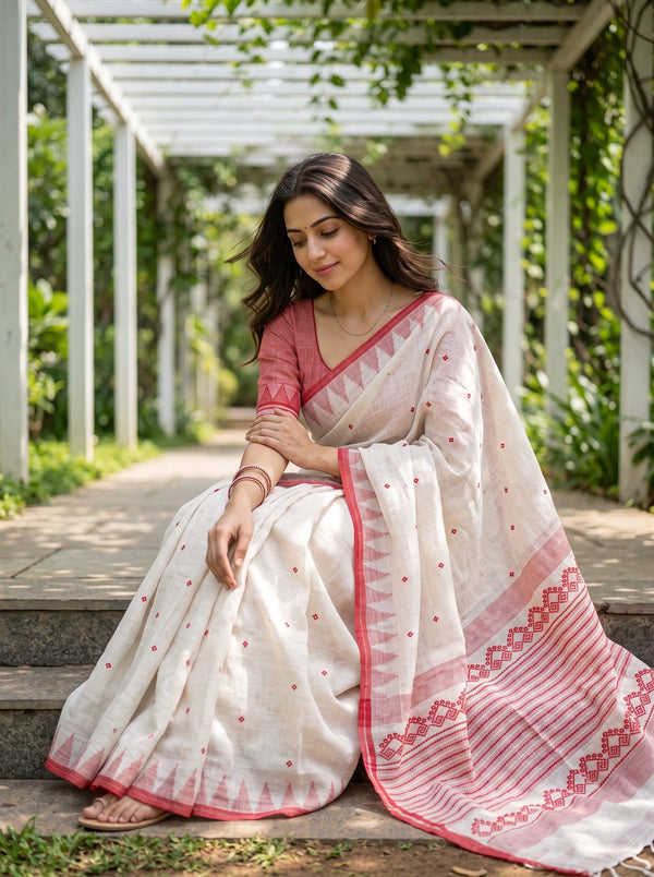 Linen White Red Diamond Dot Zigzag Geometric Border Saree