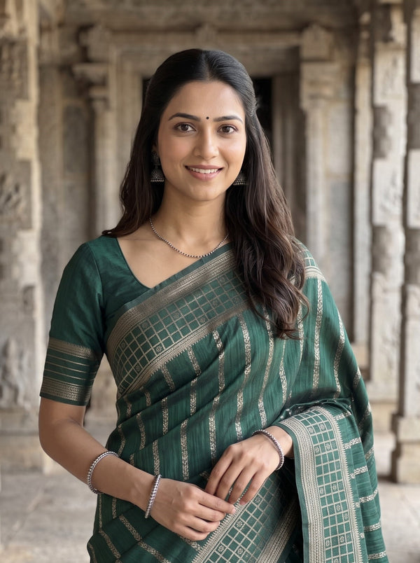 Semi Silk Bottle Green Silver Zari Rosette Mesh Saree with Tassels
