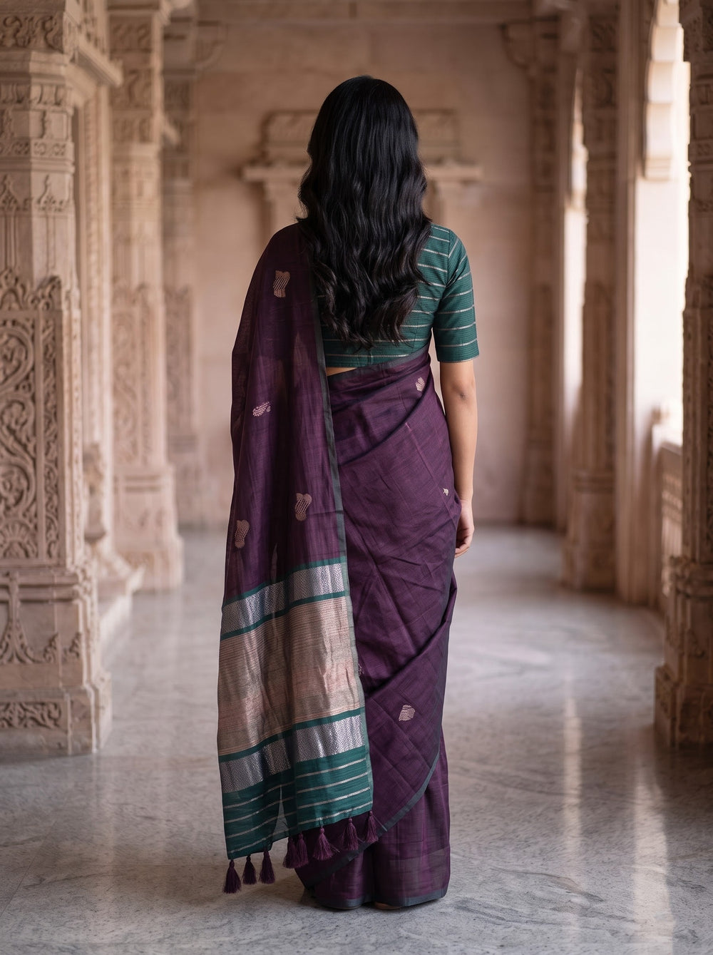 Matka Silk Deep Purple Zari Butta Saree with Green Border