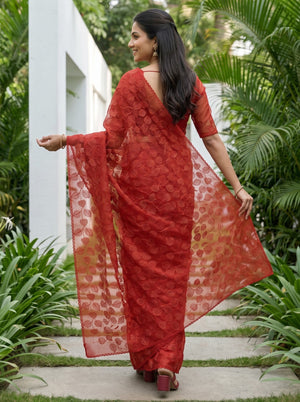 Organza Red Allover Golden Thread Heart Leaf Vine Embroidered Scalloped Edge Saree