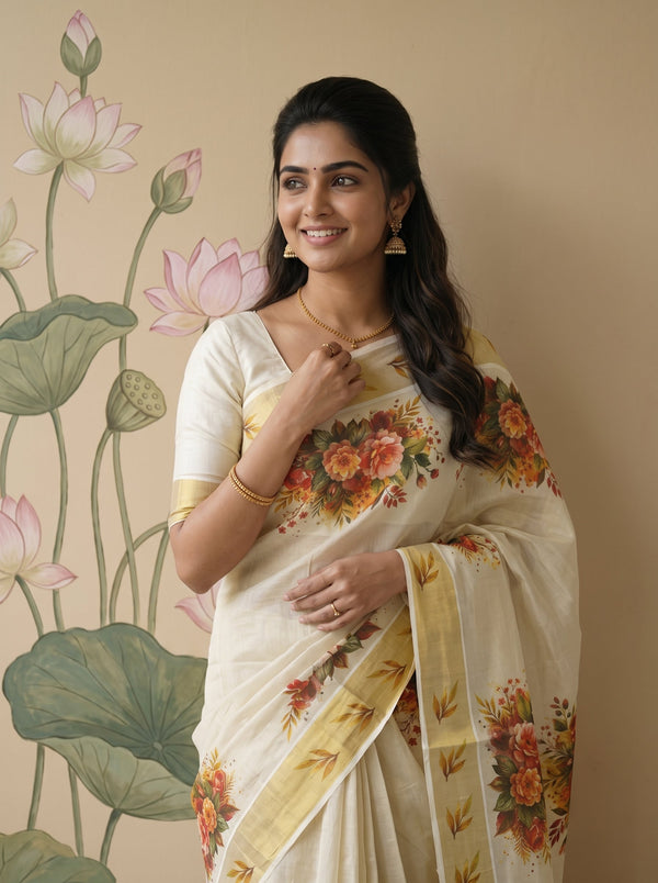 Tissue Cream Rose Bouquet Print Onam Special Kerala Saree with Golden Border