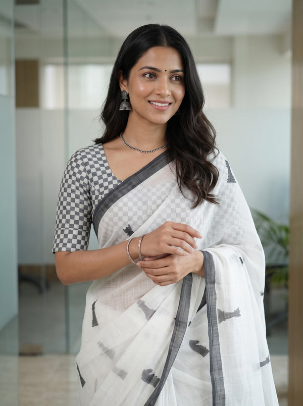 Cotton White Quirky Chess Print Saree with Grey Border