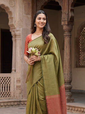 Semi Tussar Silk Olive Green Red Crosshatch Weave Pallu Saree