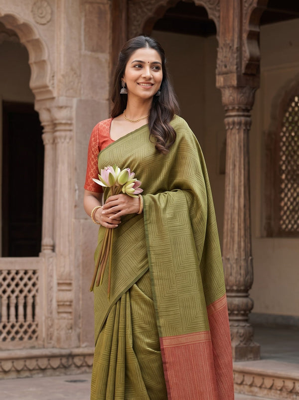 Semi Tussar Silk Olive Green Red Crosshatch Weave Pallu Saree