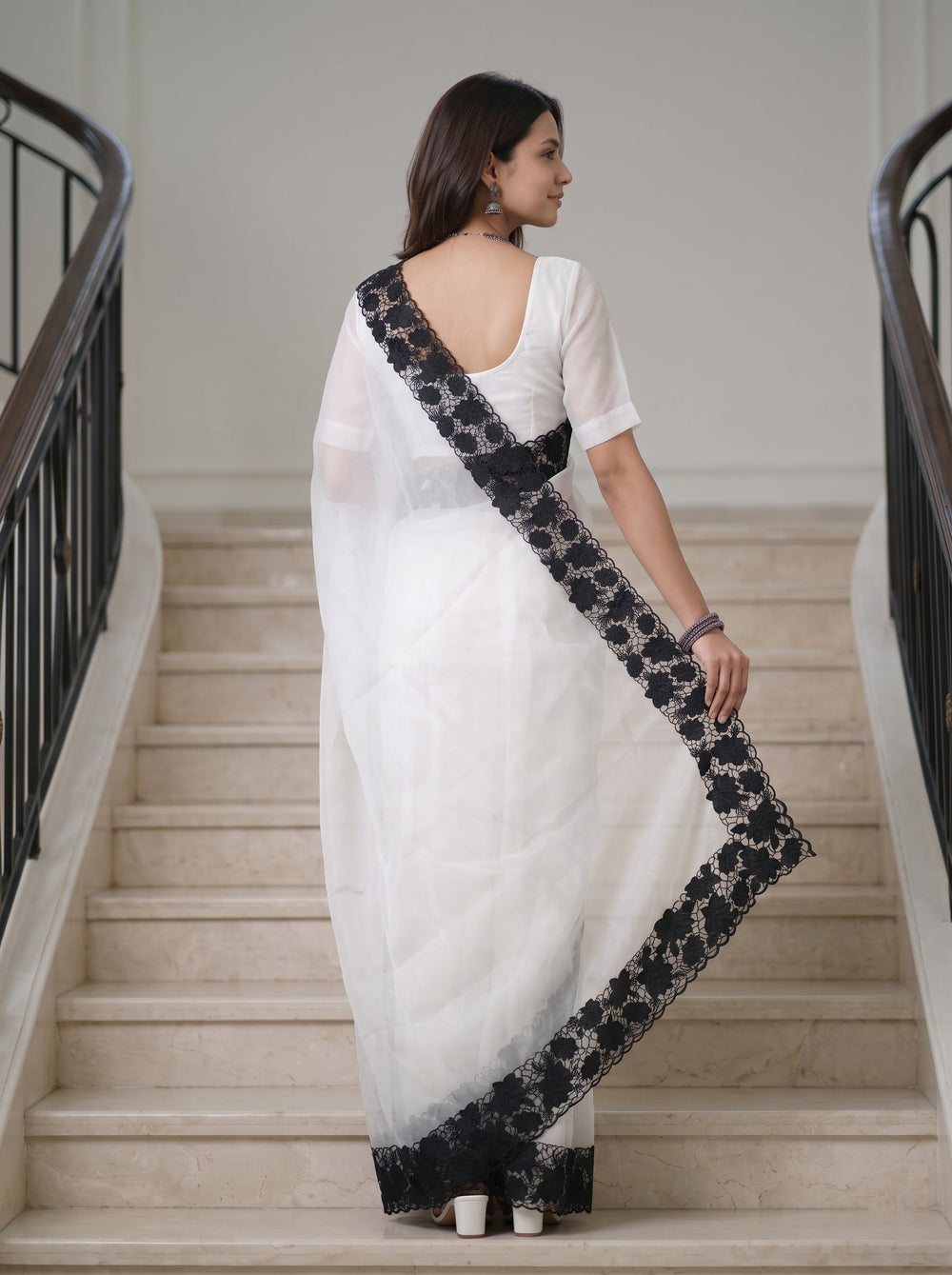 Organza White Black Lace Applique Floral Scalloped Border