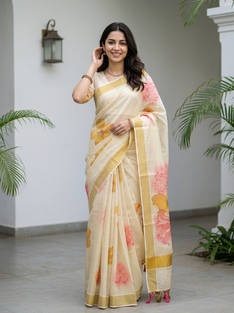 Tissue Cream Big Floral Watercolor Print Tassel Set Saree