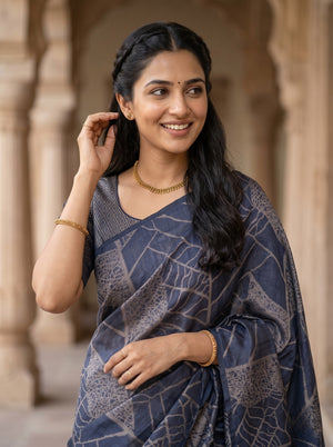 Semi Silk Navy Blue Self-Tone Geometric Print Saree with Tassels