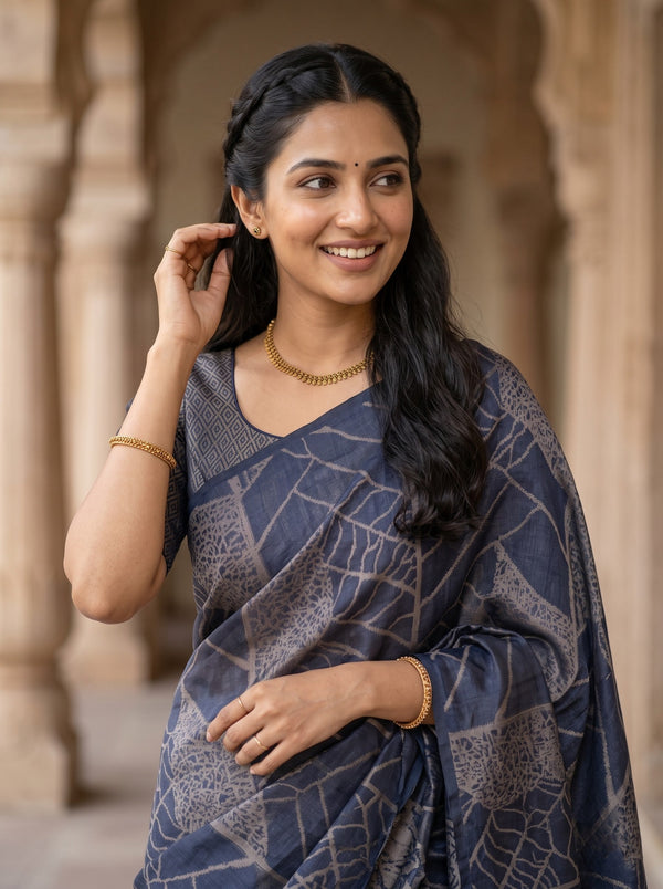 Semi Silk Navy Blue Self-Tone Geometric Print Saree with Tassels