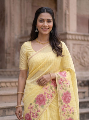Pure Chanderi Lemon Yellow Saree with Embroidered Floral Border